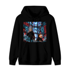 Standalone men's hoodie front displaying a graphic of travelers among floating holographic displays in a futuristic city