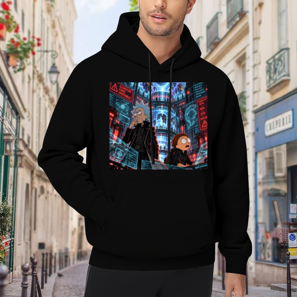 Men's hoodie worn outside, with the camera facing the graphic of travelers among floating holographic displays in a futuristic city