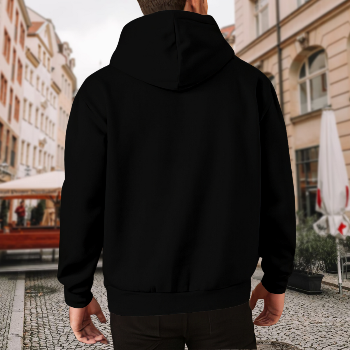 Outdoor view from behind of a model wearing the men's Holographic Street Mission hoodie with its plain rear visible