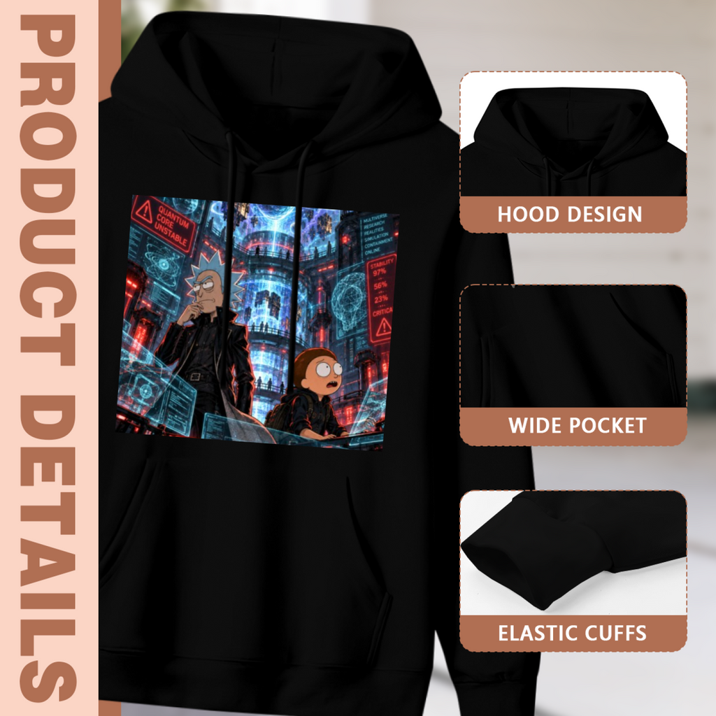 Construction-detail card for the men's Holographic Street Mission hoodie, including the hood, front pouch and cuff edges