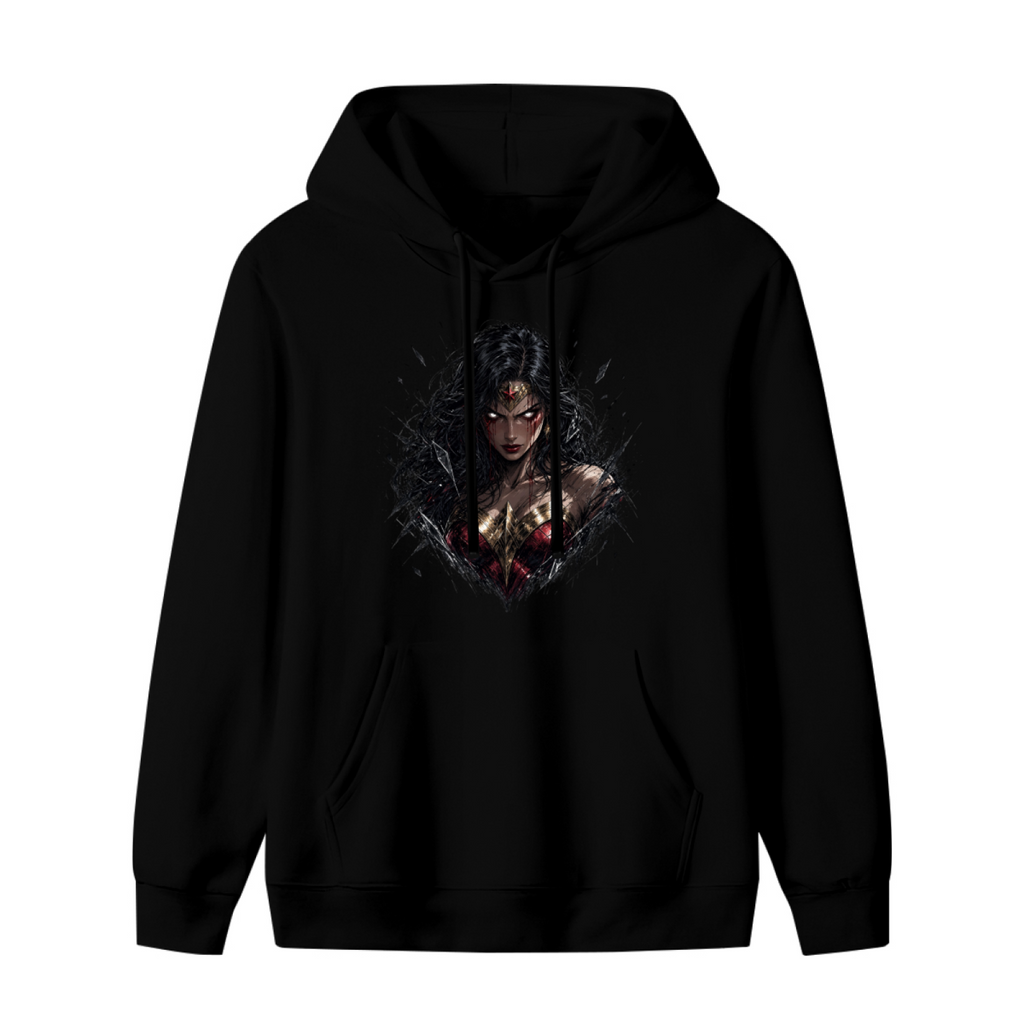 Standalone women's hoodie front displaying a graphic of an armored warrior portrait with a fierce expression