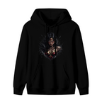 Standalone women's hoodie front displaying a graphic of an armored warrior portrait with a fierce expression