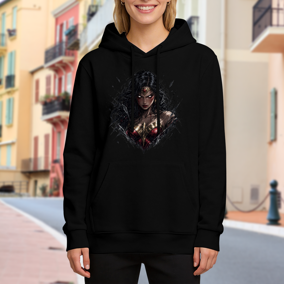 Women's hoodie worn outside, with the camera facing the graphic of an armored warrior portrait with a fierce expression