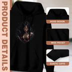 Construction-detail card for the women's Warrior with a Direct Gaze hoodie, including the hood, front pouch and cuff edges