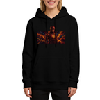 A masked figure framed by branching orange lightning in a wide panel printed on a women's hoodie, shown in a front model photo