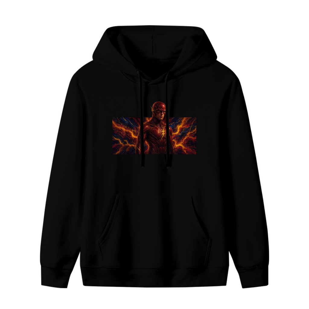 Unworn women's hoodie, front view of the design depicting a masked figure framed by branching orange lightning in a wide panel