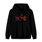 Unworn women's hoodie, front view of the design depicting a masked figure framed by branching orange lightning in a wide panel
