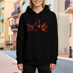 On-location model photograph displaying a masked figure framed by branching orange lightning in a wide panel on the front of a women's hoodie