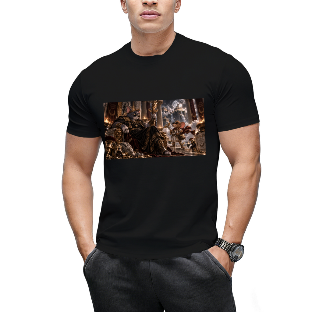 Front-facing model wearing a men's T-shirt with classic Cat & Mouse Chaos artwork