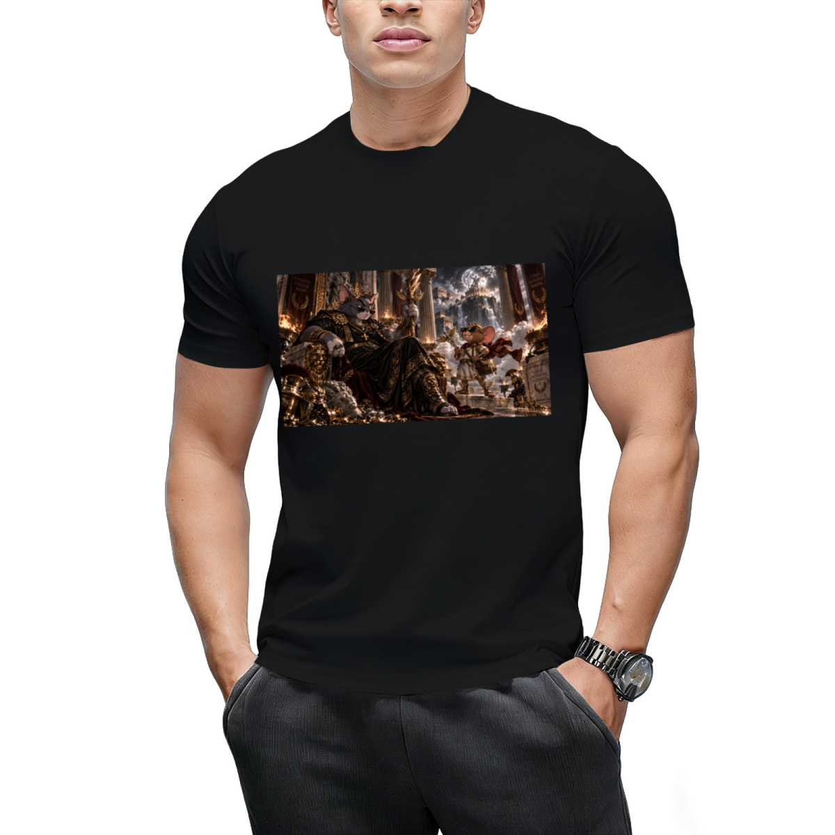 Front-facing model wearing a men's T-shirt with classic Cat & Mouse Chaos artwork