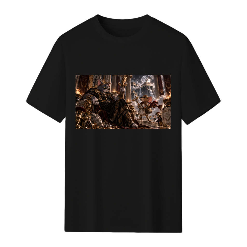 Front product view of a men's T-shirt featuring classic Cat & Mouse Chaos artwork