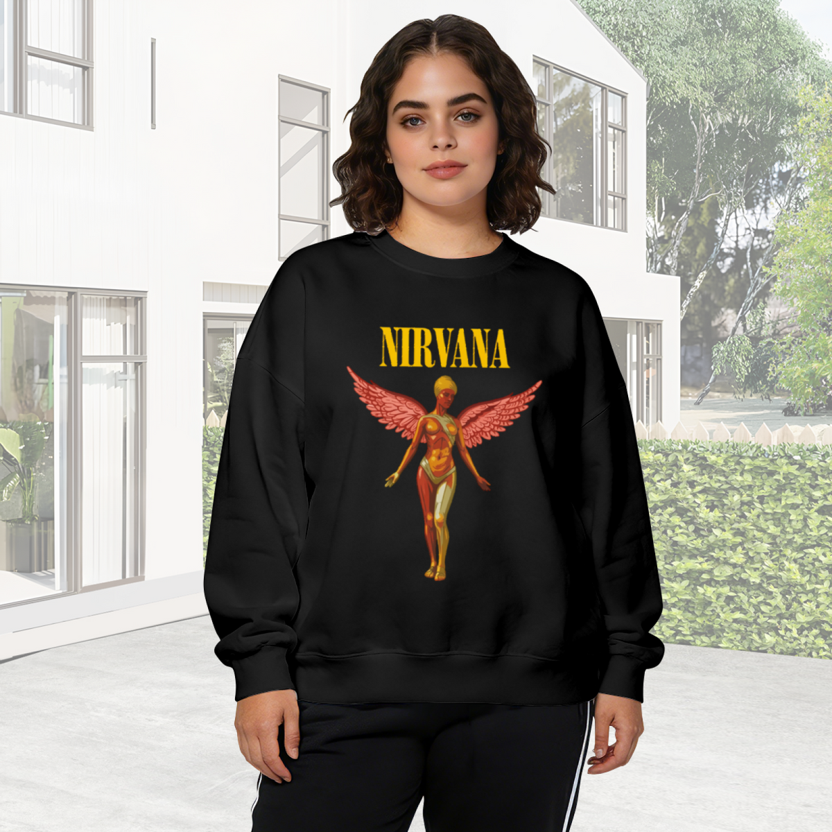 Crewneck sweatshirt product image with pink-toned In Utero angel artwork