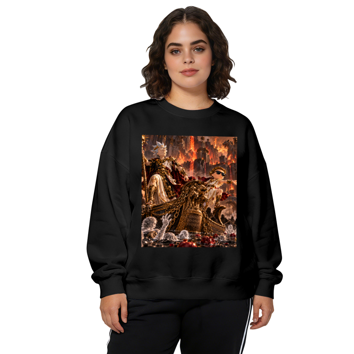 On-model product photo: women's crewneck sweatshirt bearing an ornate throne hall filled with firelight and fantasy figures
