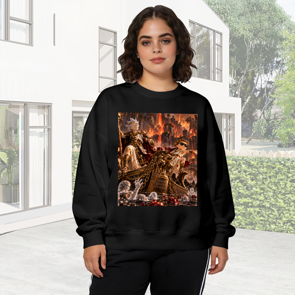 Lifestyle image outdoors: women's crewneck sweatshirt with a front graphic of an ornate throne hall filled with firelight and fantasy figures
