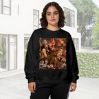 Lifestyle image outdoors: women's crewneck sweatshirt with a front graphic of an ornate throne hall filled with firelight and fantasy figures