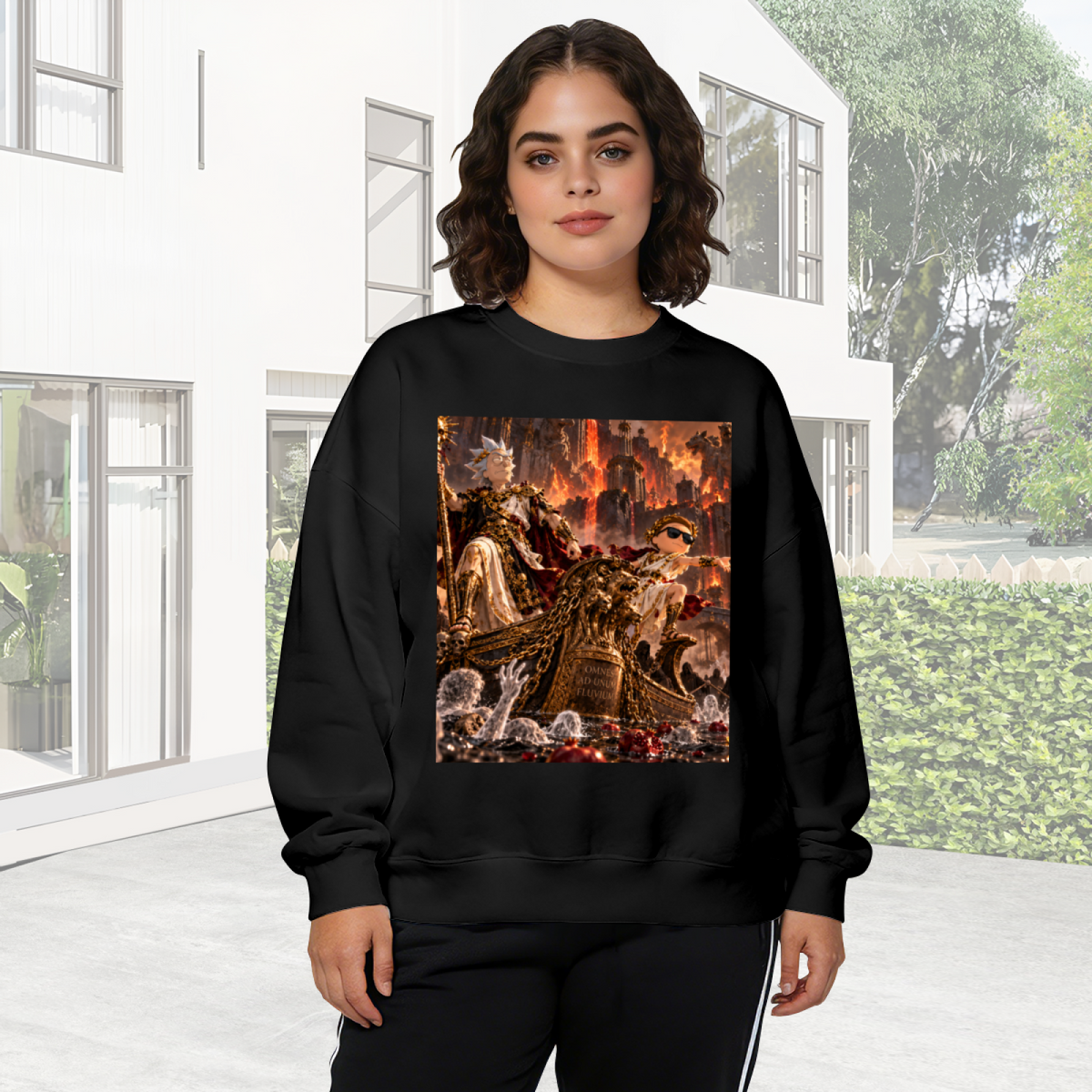 Lifestyle image outdoors: women's crewneck sweatshirt with a front graphic of an ornate throne hall filled with firelight and fantasy figures