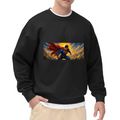 On-model product photo: men's crewneck sweatshirt bearing a flying caped figure crossing a golden panoramic sky