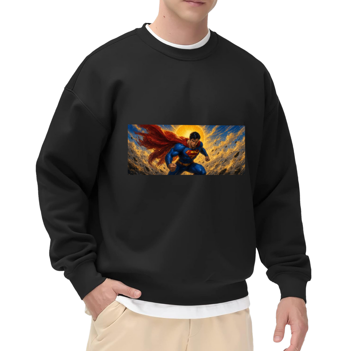 On-model product photo: men's crewneck sweatshirt bearing a flying caped figure crossing a golden panoramic sky