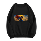 Men's crewneck sweatshirt photographed alone, with a flying caped figure crossing a golden panoramic sky on the front