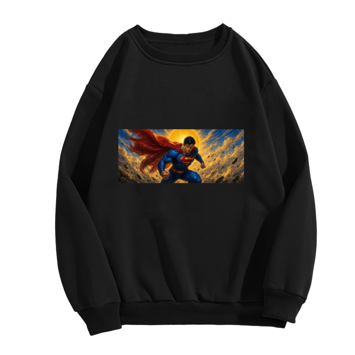 Men's crewneck sweatshirt photographed alone, with a flying caped figure crossing a golden panoramic sky on the front