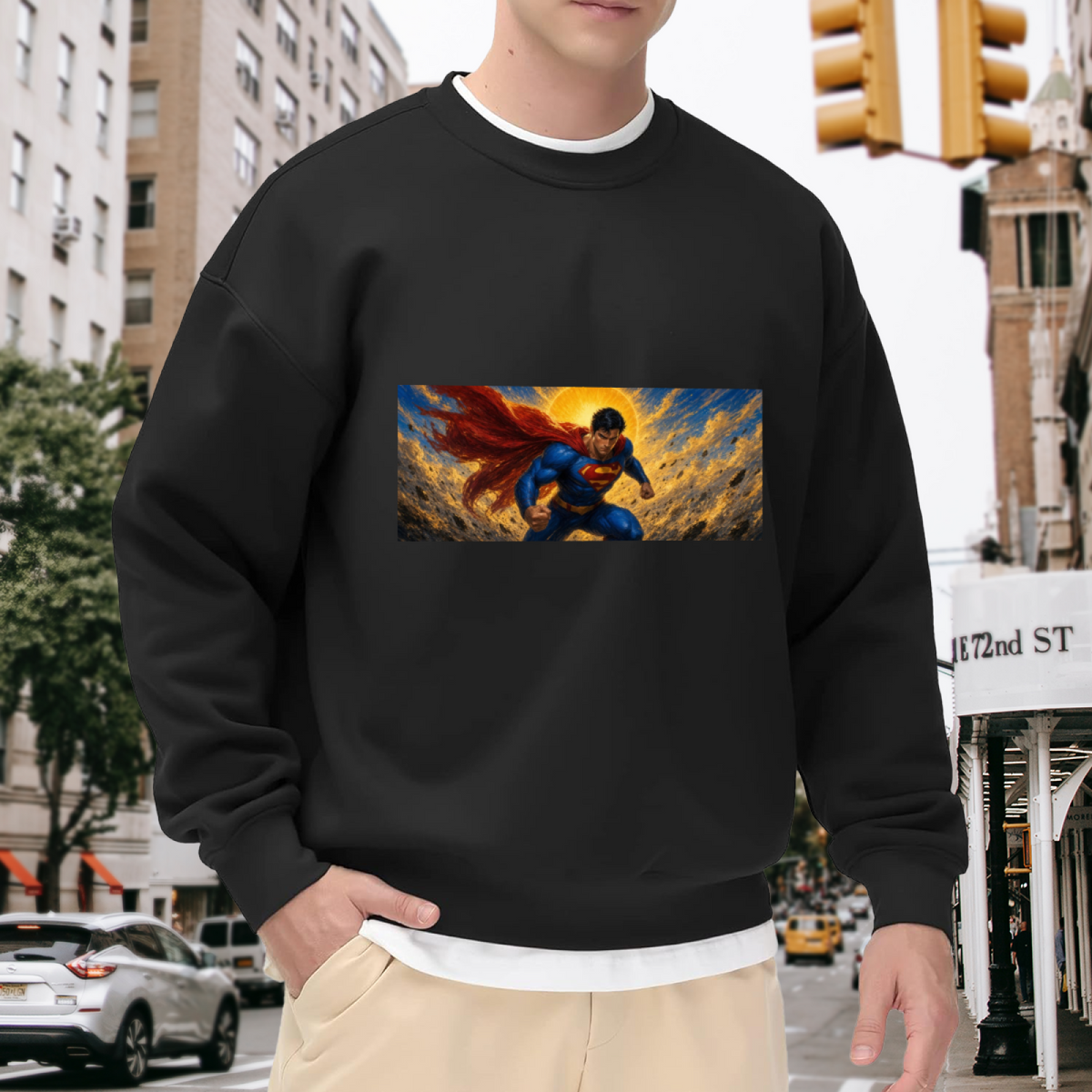 Lifestyle image outdoors: men's crewneck sweatshirt with a front graphic of a flying caped figure crossing a golden panoramic sky