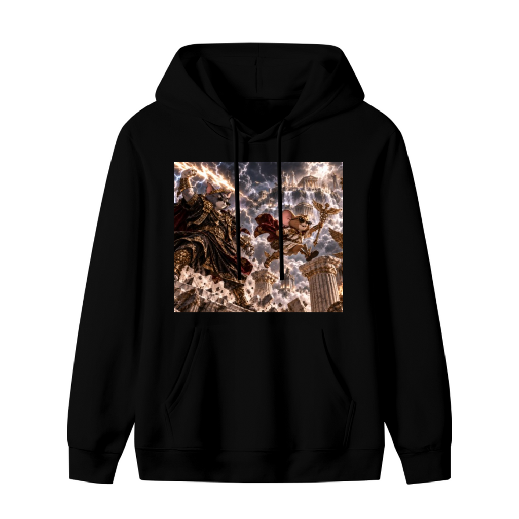 Animal figures clashing amid thunderbolts in a fantasy scene shown on the front of a men's hoodie in a standalone product shot