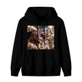 Animal figures clashing amid thunderbolts in a fantasy scene shown on the front of a men's hoodie in a standalone product shot