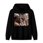 Animal figures clashing amid thunderbolts in a fantasy scene shown on the front of a men's hoodie in a standalone product shot