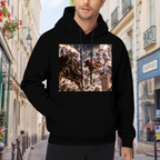 Outdoor photograph of a model in a men's hoodie bearing animal figures clashing amid thunderbolts in a fantasy scene