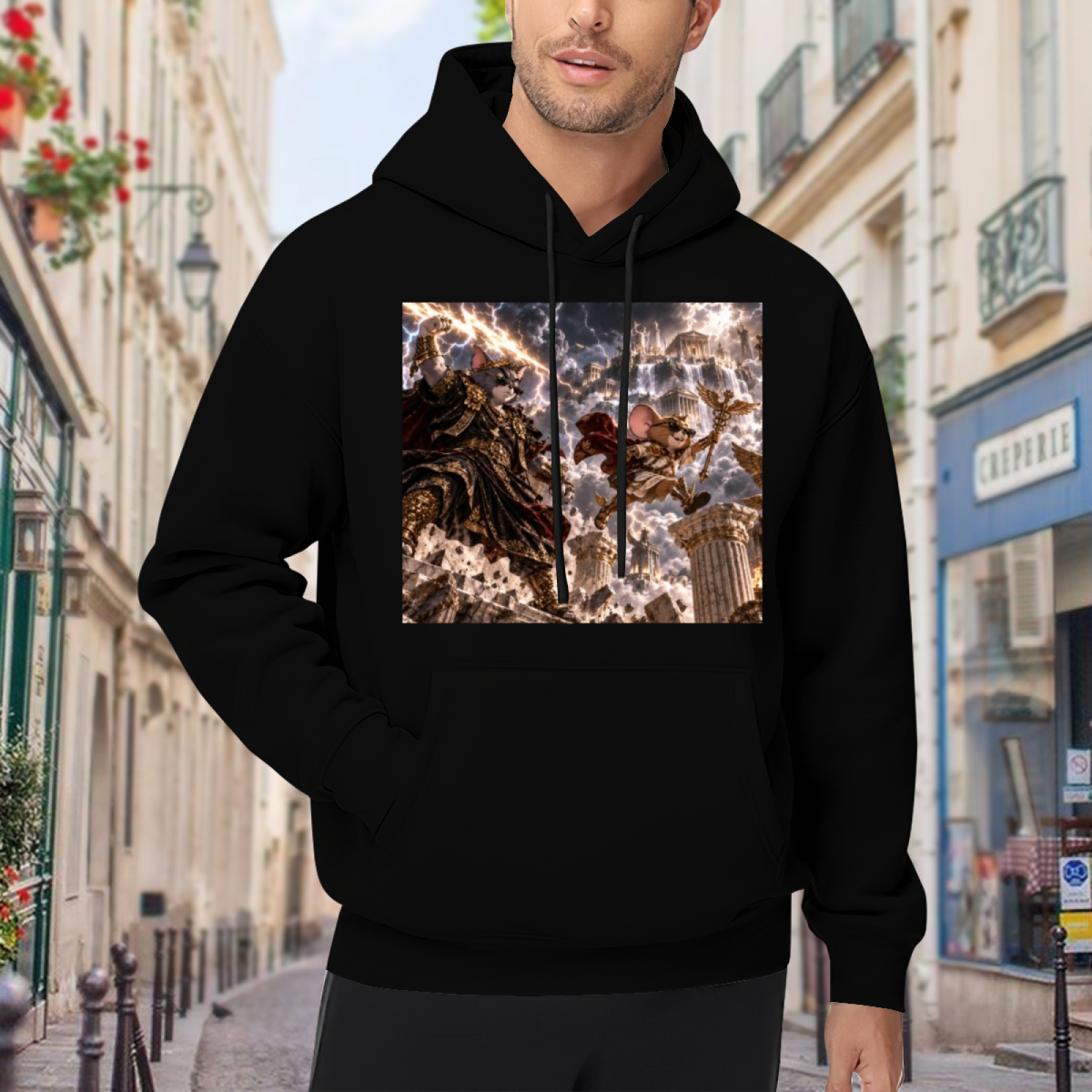 Outdoor photograph of a model in a men's hoodie bearing animal figures clashing amid thunderbolts in a fantasy scene