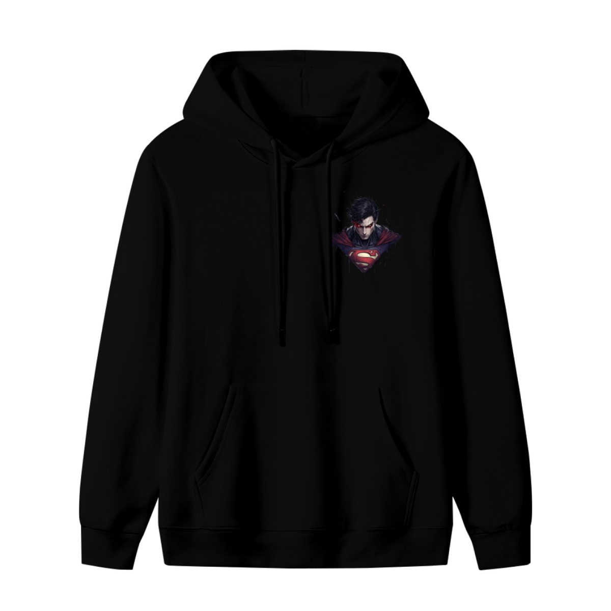 Front garment photograph: men's hoodie decorated with an intense-gaze portrait above an angular crest