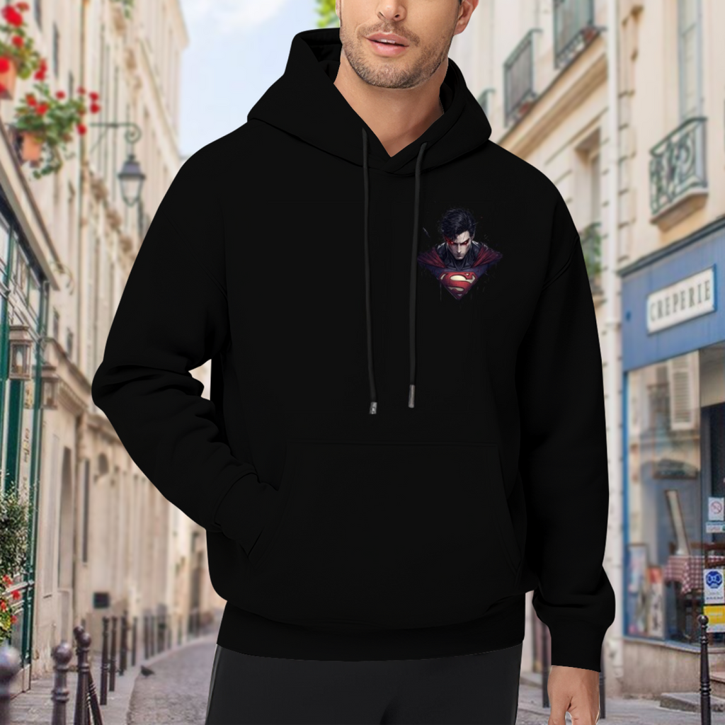 An intense-gaze portrait above an angular crest visible on a men's hoodie in an outdoor front model view