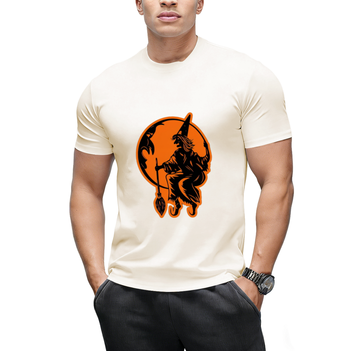 Vintage Halloween Moon and Resting Witch Graphic T-Shirt