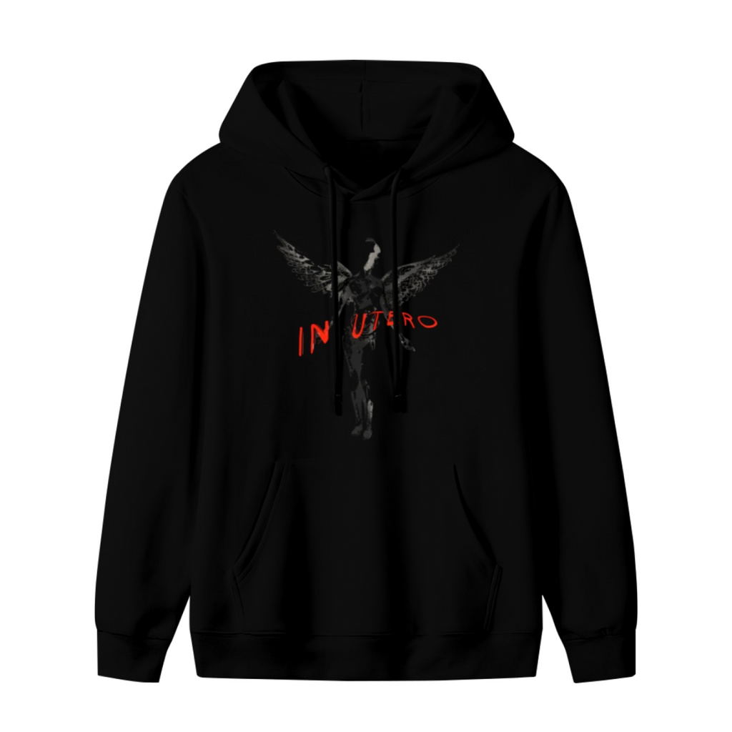 Nirvana In Utero Dark Angel Red Logo Hoodie, product image featuring the dark and high contrast design