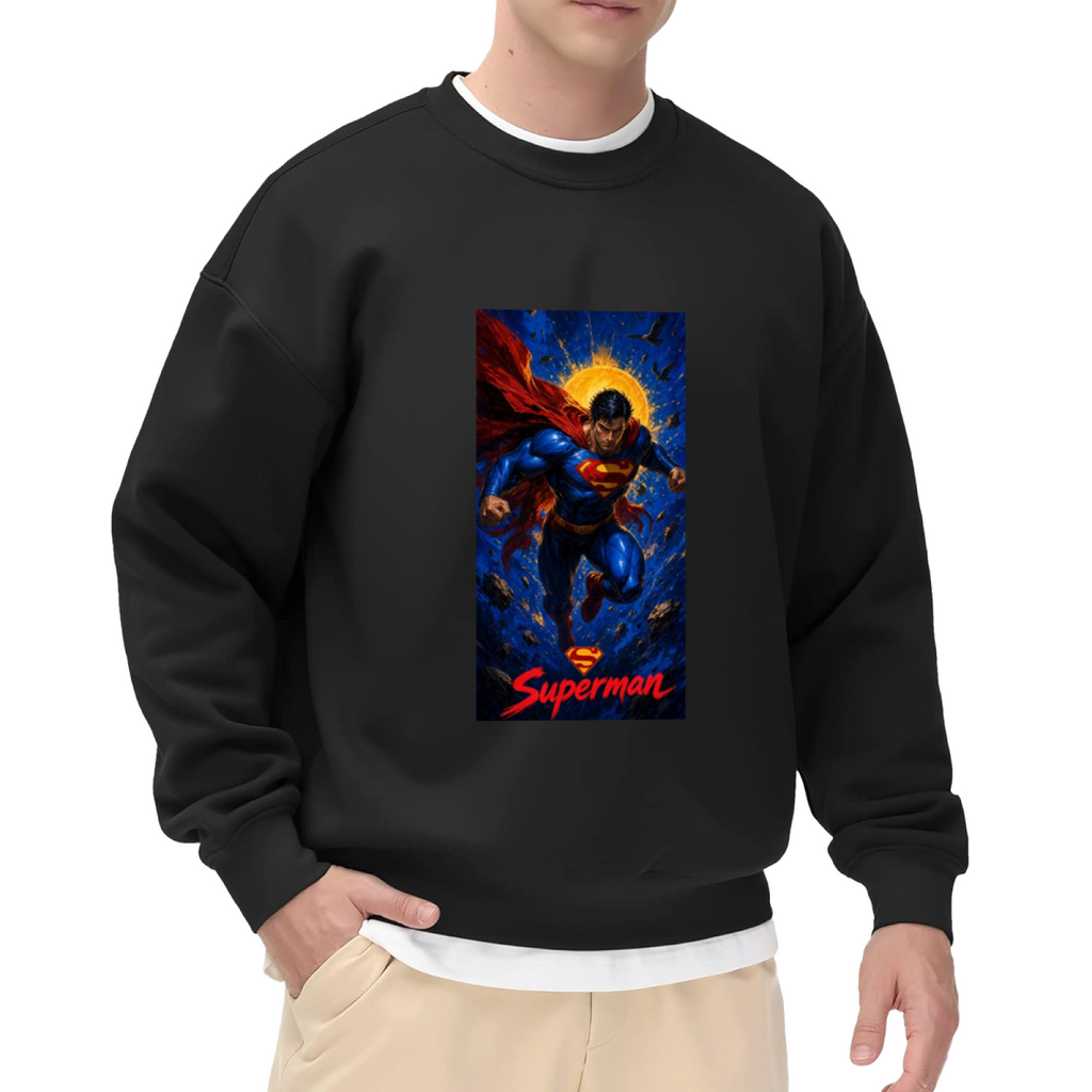 Front-facing model wearing a men's crewneck sweatshirt decorated with a caped figure ascending into a cosmic backdrop with a golden halo