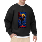 Front-facing model wearing a men's crewneck sweatshirt decorated with a caped figure ascending into a cosmic backdrop with a golden halo