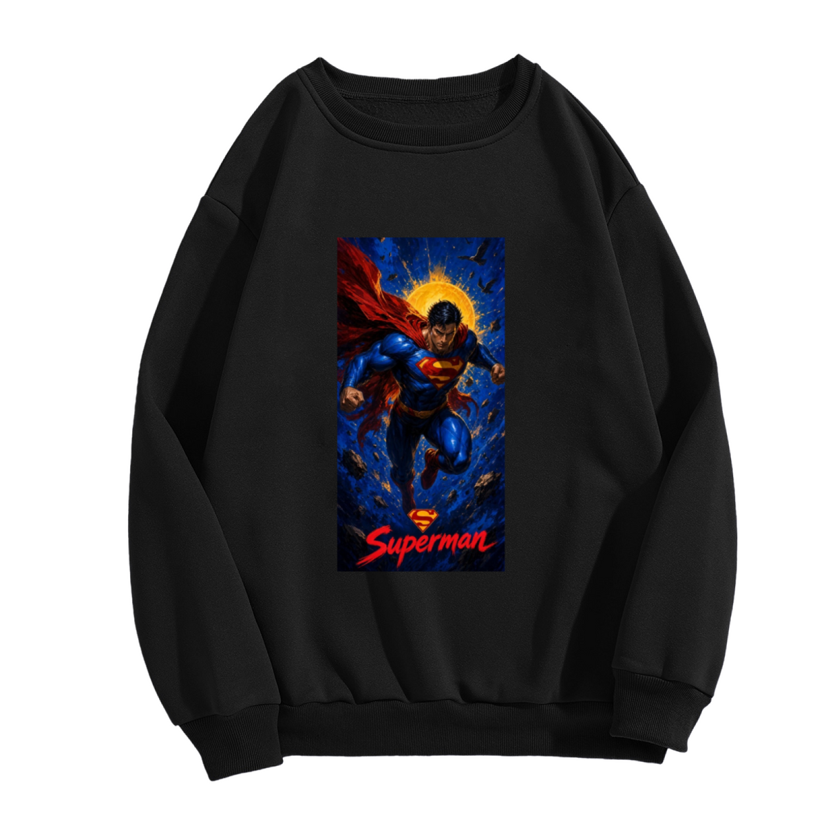 A caped figure ascending into a cosmic backdrop with a golden halo shown on the front of a men's crewneck sweatshirt in a standalone product shot