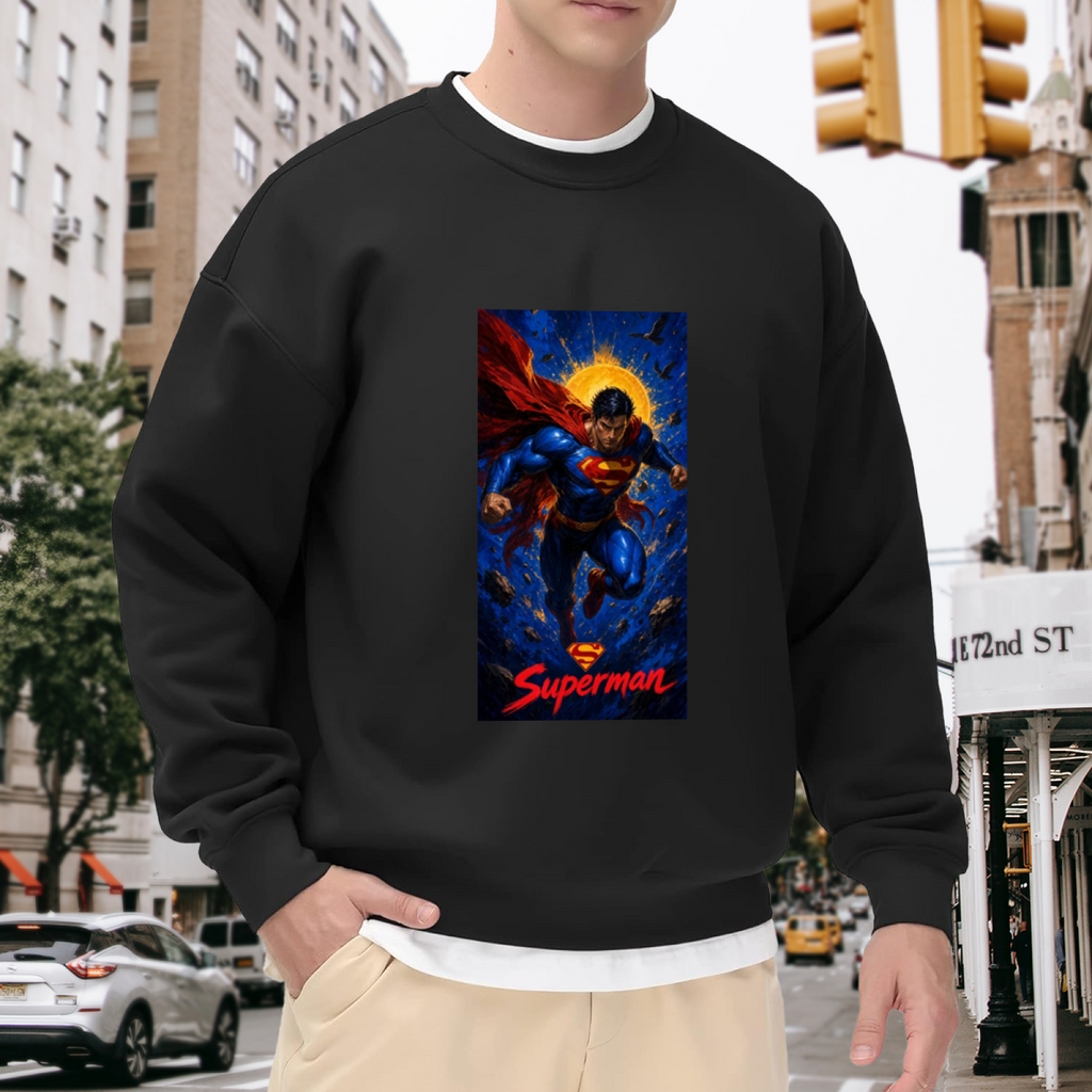 Outdoor photograph of a model in a men's crewneck sweatshirt bearing a caped figure ascending into a cosmic backdrop with a golden halo