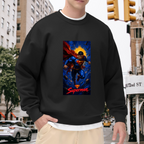 Outdoor photograph of a model in a men's crewneck sweatshirt bearing a caped figure ascending into a cosmic backdrop with a golden halo