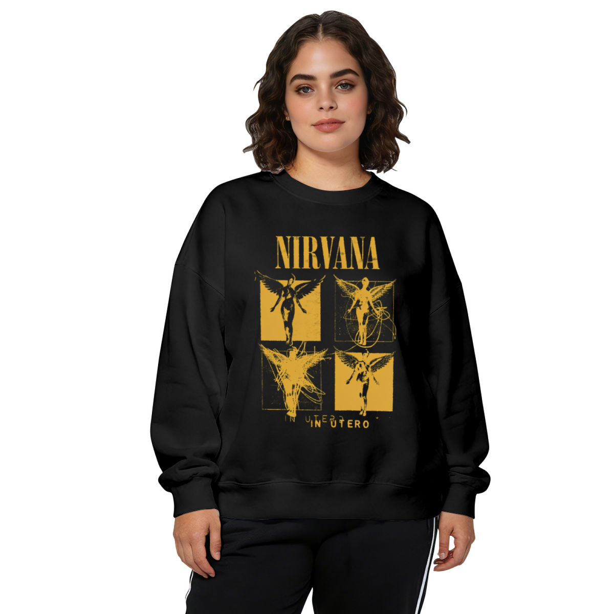 Crewneck sweatshirt product image with yellow-toned In Utero angel art