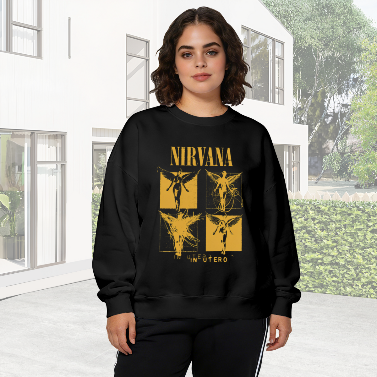 Crewneck sweatshirt product image with yellow-toned In Utero angel art