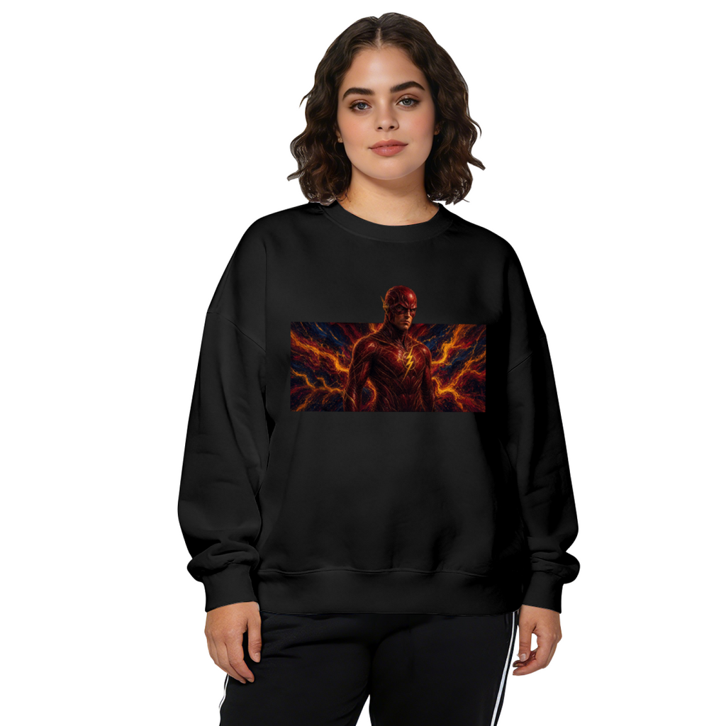 Front-facing model wearing a women's crewneck sweatshirt decorated with a masked figure framed by branching orange lightning in a wide panel