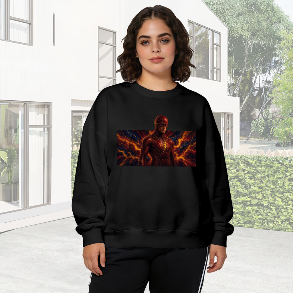 Outdoor photograph of a model in a women's crewneck sweatshirt bearing a masked figure framed by branching orange lightning in a wide panel