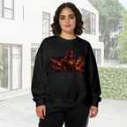 Outdoor photograph of a model in a women's crewneck sweatshirt bearing a masked figure framed by branching orange lightning in a wide panel