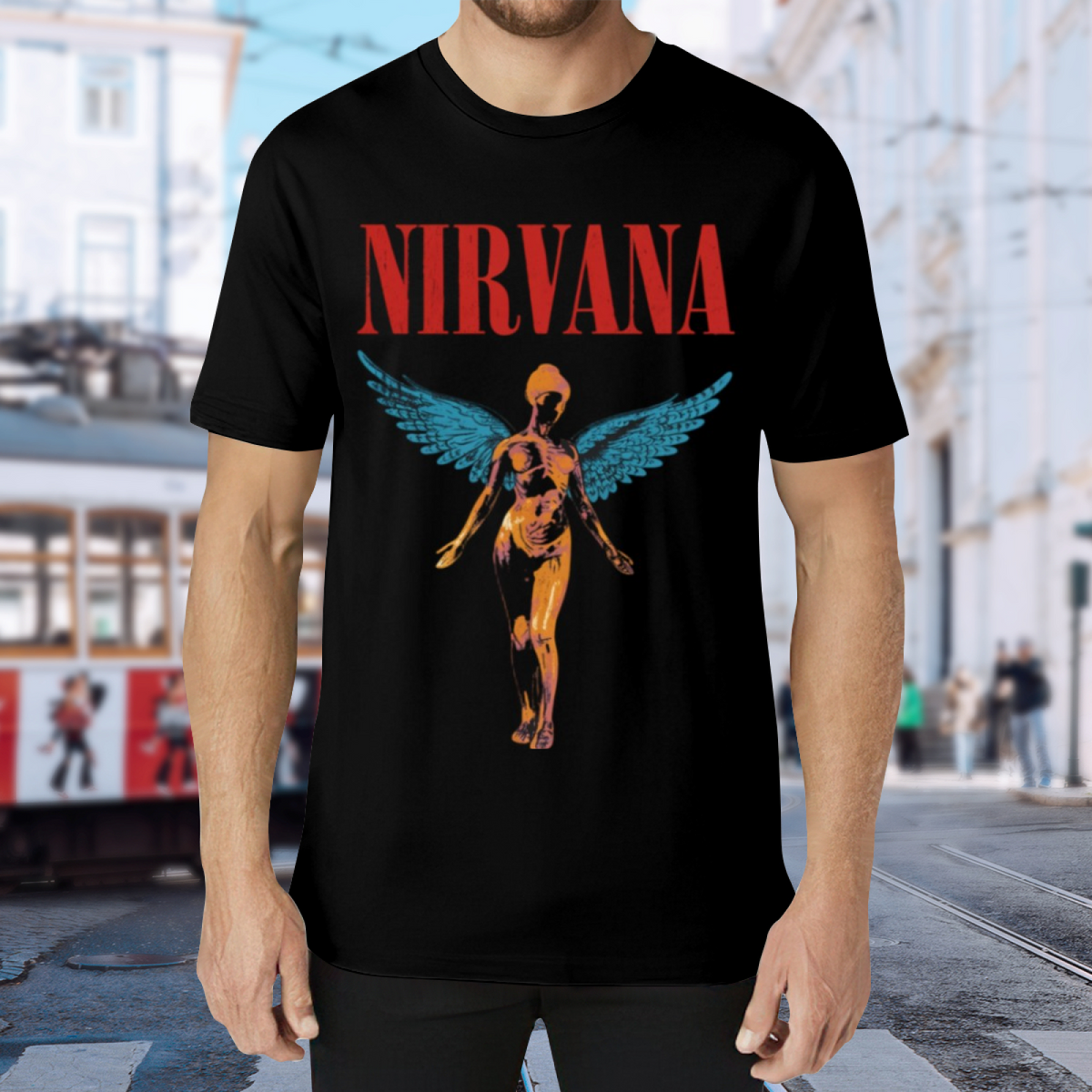 Nirvana In Utero Blue Anatomical Angel Graphic T-Shirt — product design preview of the artwork; a blue winged anatomical angel is the central image