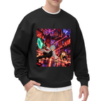 On-model product photo: men's crewneck sweatshirt bearing two cartoon figures running through a city filled with lasers