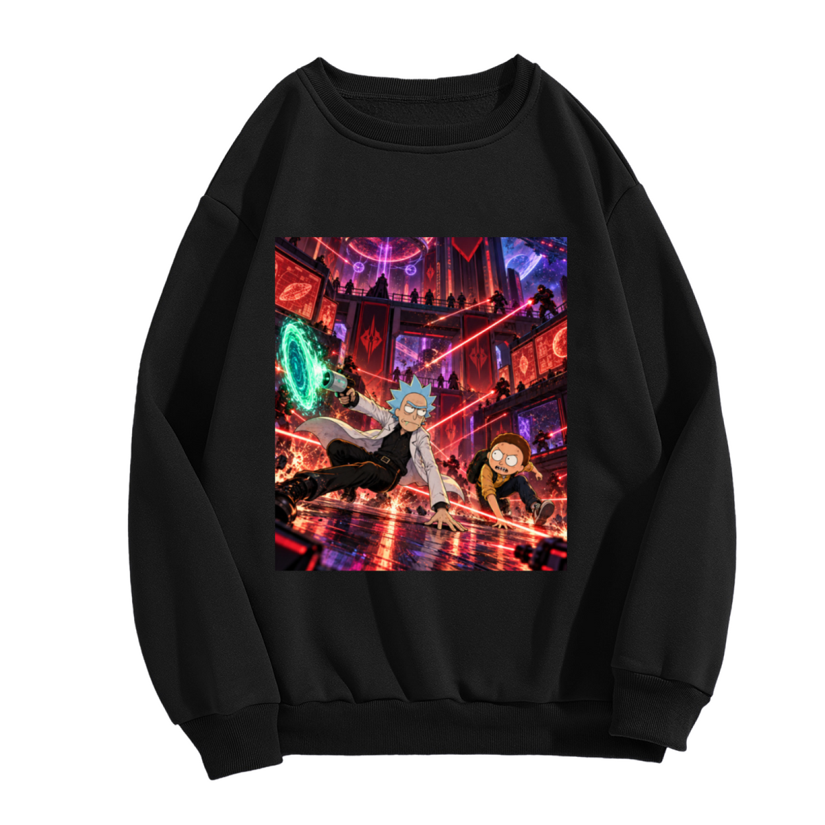 Men's crewneck sweatshirt photographed alone, with two cartoon figures running through a city filled with lasers on the front