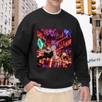 Lifestyle image outdoors: men's crewneck sweatshirt with a front graphic of two cartoon figures running through a city filled with lasers