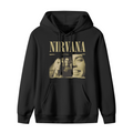 Hoodie product image with vintage band portrait artwork, black colorway