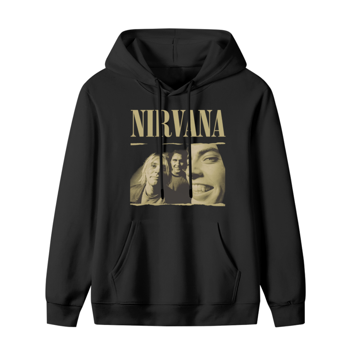 Hoodie product image with vintage band portrait artwork, black colorway